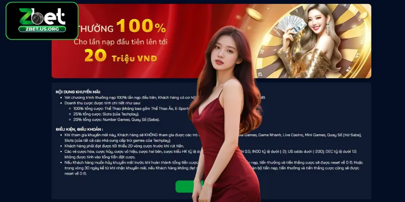 Khuyến mãi ZBET cho tân thủ - Thưởng nạp 100% lên tới 20 triệu VNĐ