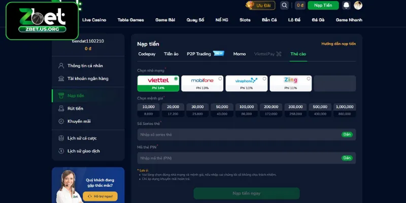 Nạp tiền bằng thẻ cào