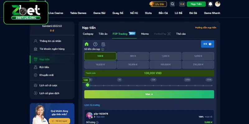 Nạp tiền ZBET qua P2P Trading