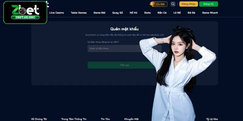 Sử dụng tính năng "Quên mật khẩu" tự động trên website ZBET